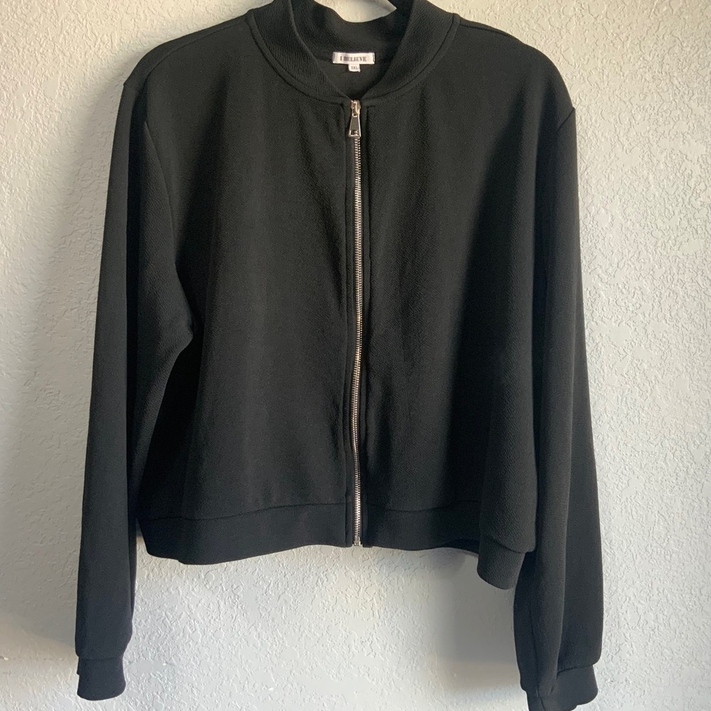 I Believe Womens 3XL Black Textured Zip Up Bomber Jacket Lightweight Cropped